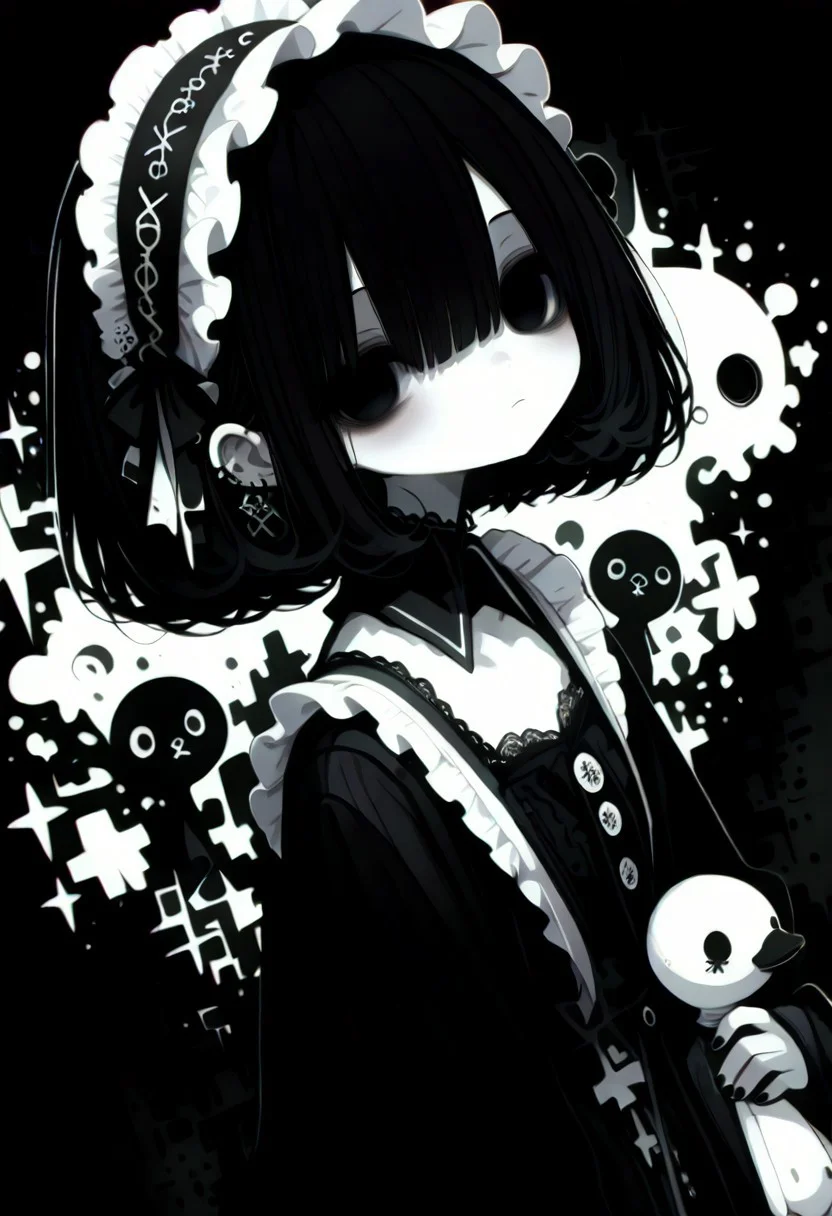 masterpiece, best quality, good quality, very awa, very aesthetic, absurdres, newest, oc-chan_(ketopon), 1girl, solo, black hair, bob cut, hair between eyes, black eyes, solid eyes, expressionless, black nail polish, looking at viewer, pale skin, frilled hair band, goth fashion, frilled dress, high collard,lace trim, square neckline, hugging,hugging stuffed animal, black duck, bandaid, bandages, upper body, black halftone background, dark theme,chromatic aberration, from above, dutch angle, limited palette, no lineart, no outline,painterly, blending, flat color, 15546+456868, r17329_illu,flatline,haiz_ai,sometyome_illu
