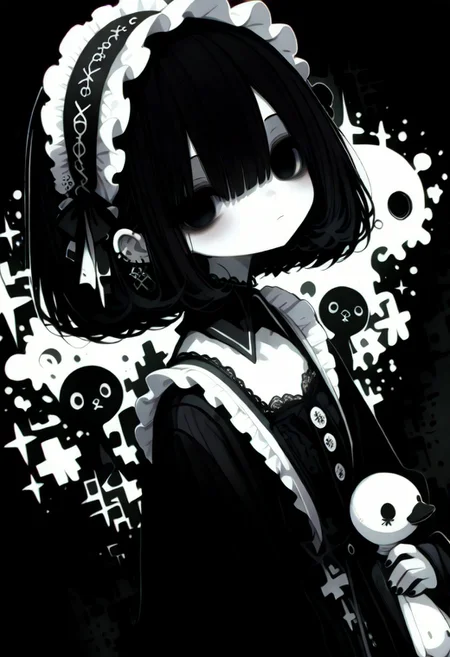 masterpiece,  best quality, good quality, very awa,  very aesthetic, absurdres, newest, oc-chan_(ketopon), 1girl, solo, black hair, bob cut, hair between eyes, black eyes, solid eyes, expressionless, black nail polish, looking at viewer, pale skin, frilled hair band, goth fashion, frilled dress, high collard,lace trim, square neckline, hugging,hugging stuffed animal, black duck, bandaid, bandages, upper body, black halftone background, dark theme,chromatic aberration, from above, dutch angle, limited palette, no lineart, no outline,painterly, blending, flat color, 15546+456868, r17329_illu,flatline,haiz_ai,sometyome_illu