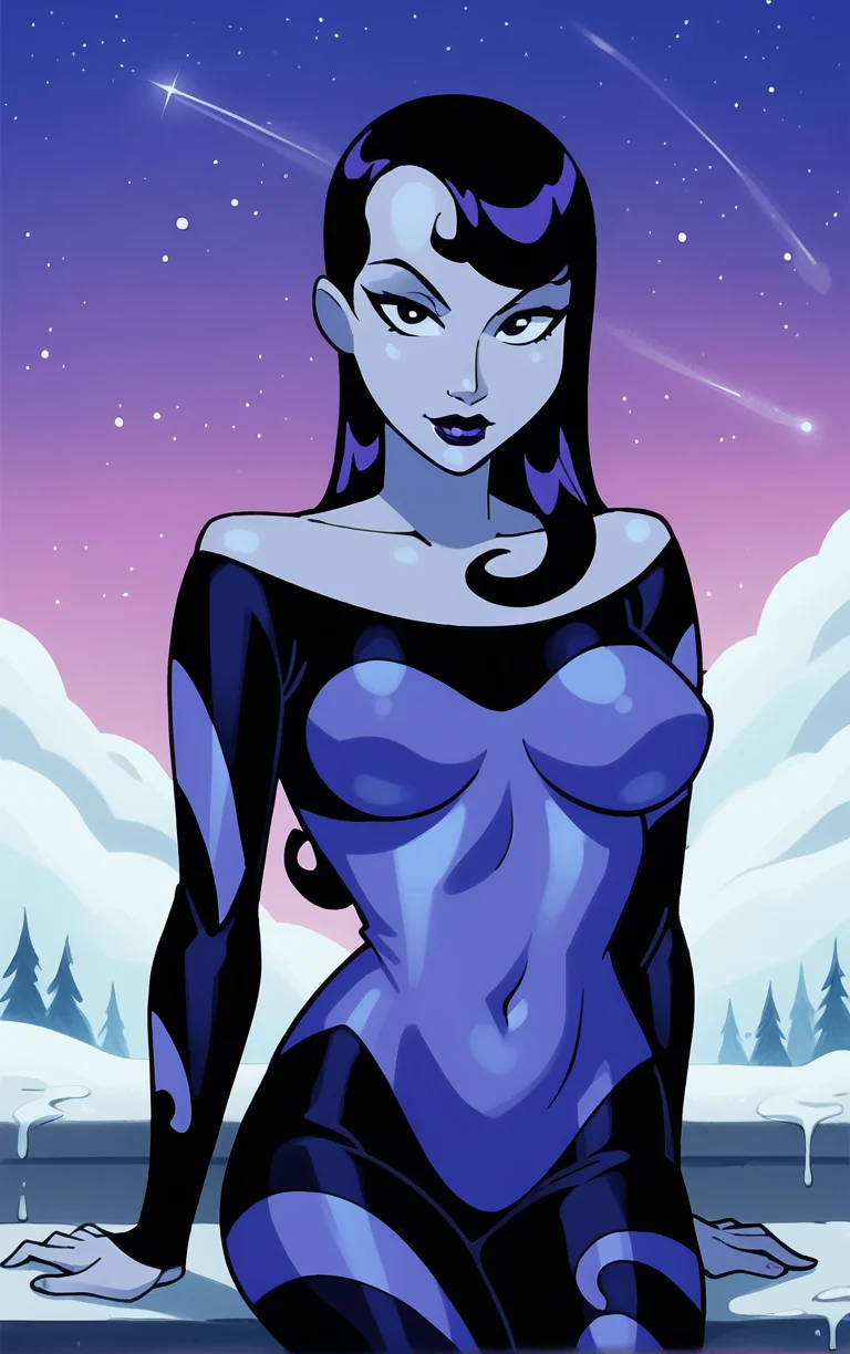 score_9, score_8_up, score_7_up, BREAK
Inque_Human_ownwaifu,
1girl, black eyes, black hair, breasts, long hair, narrow waist, purple hair, purple lips, purple skin, slime girl, two-tone hair, makeup, lipstick, colored skin, multicolored hair, medium breasts, streaked hair, striped,
black bodysuit, multicolored bodysuit, purple bodysuit, skin tight, bodysuit, bare shoulders, long sleeves, cleavage, off shoulder, covered navel,
(sitting, looking up), aurora, shooting star, star \(sky\), winter, snow, night, scenery, outdoors, <lora:PONYXL_DC_BatManBeyond_Inque_ownwaifu:0.75> , depth of field, solo,