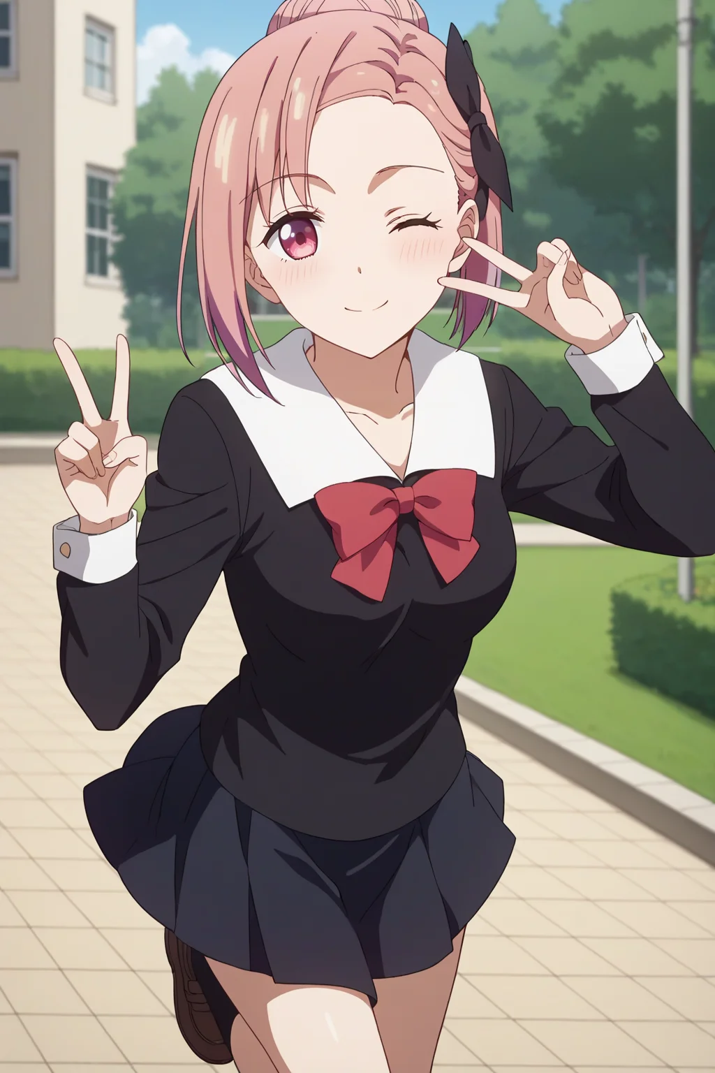score_9, score_8_up, score_7_up, source_anime, 1girl, prefect lighting, very aesthetic, intricate details, highly detailed background, masterpiece, high quality, prefect hands, best quality, solo,
<lora:Tsubame_Kaguya-sama_Love_Is_War_V1:.85>, KJOtsubame, pink hair, pink eyes, hair bun, hair bow,
black school uniform, long sleeves, black shirt, black skirt,
standing on one leg, peace sign, one eye closed, smile, blush, head tilt,
school, courtyard,
(Beautiful, medium Breasts:1.2), natural breasts,
