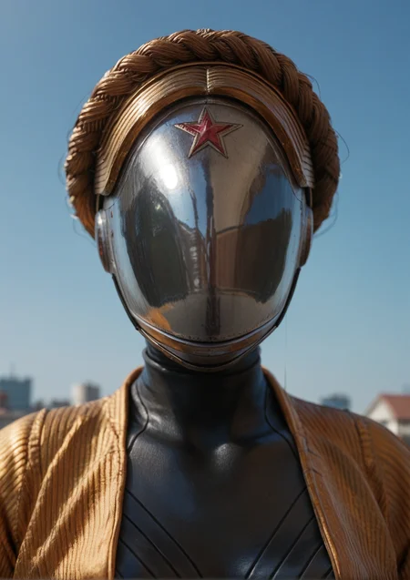 <lora:Pony_DetailV1.0:2> hyper realistic image, portrait, standing outside, sky background, blurred background, Reflection of the city of Los Angeles on the helmet with buildings and skyscrapers,  <lora:The_Twins:0.8> the_twins(ah), looking at the viewer, black latex, golden jacket, helmet, score_9, score_8_up, score_7_up, score_6_up, score_5_up, score_4_up