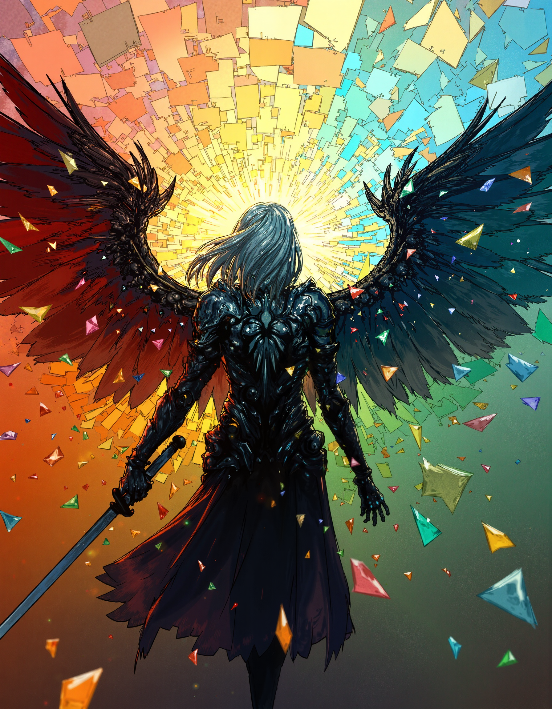 Thr focus is on a female silver haired demon hunter whose armor is partially fractured and shattered like it was glass. The backdrop is composed of different colors transitioning from warm reds and yellows near the center to calming blues and greens toward the periphery. The backdrop is centered behind the subject. The colors are separated by metallic fractures, creating a glowing mosaic effect. The colors of the backdrop are most intense near the center. The backdrop is partially shattered like glass. The subject itself is a stark and gloomy silhouette, contrasting beautifully against the vibrant, light-filled fragments surrounding it. The hunter has majestic feathered wings, but they are not the focus. Emphasis is placed on the hunter and the backdrop. The hunter is armed and about to fight. The painting is in the style of umesky. <lora:Grimmold:0.5> <lora:ume_sky_v2:0.8>