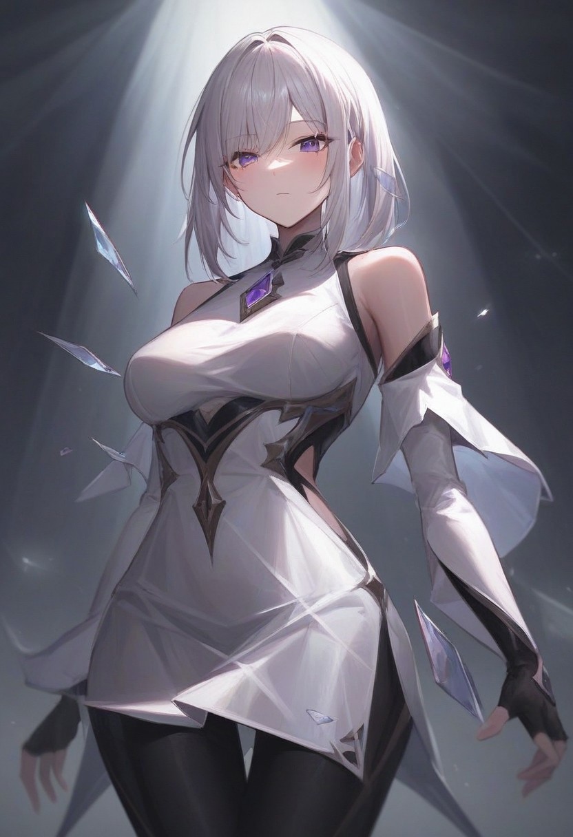 1girl, shiny_skin, score_9, score_8, score_7, BREAK source_anime, straight hair, good colors, best body, thigh, good legs, detailed bangs, eyeliner, black eyeliner, perfect body, perfect eyes, 1girl, blush, BREAK score_9, score_8_up, score_7_up, score_6_up, source_anime, girl focus, background, perfect arms, standing, closeup, portrait, dynamic poses, solo, breasts, looking at viewer, bangs, white hair, bare shoulders, medium breasts, purple eyes, dress, headshot, detailed dress, shoulder-length_hair, black pants, white sleeves, detached sleeves, black fingerless gloves, best lineart, black pants, background, effects, medium hair (shoulder length), detailed face, detailed eyes, Jinkhok, expressionless, pants, glass dress, white dress, sharp glass,