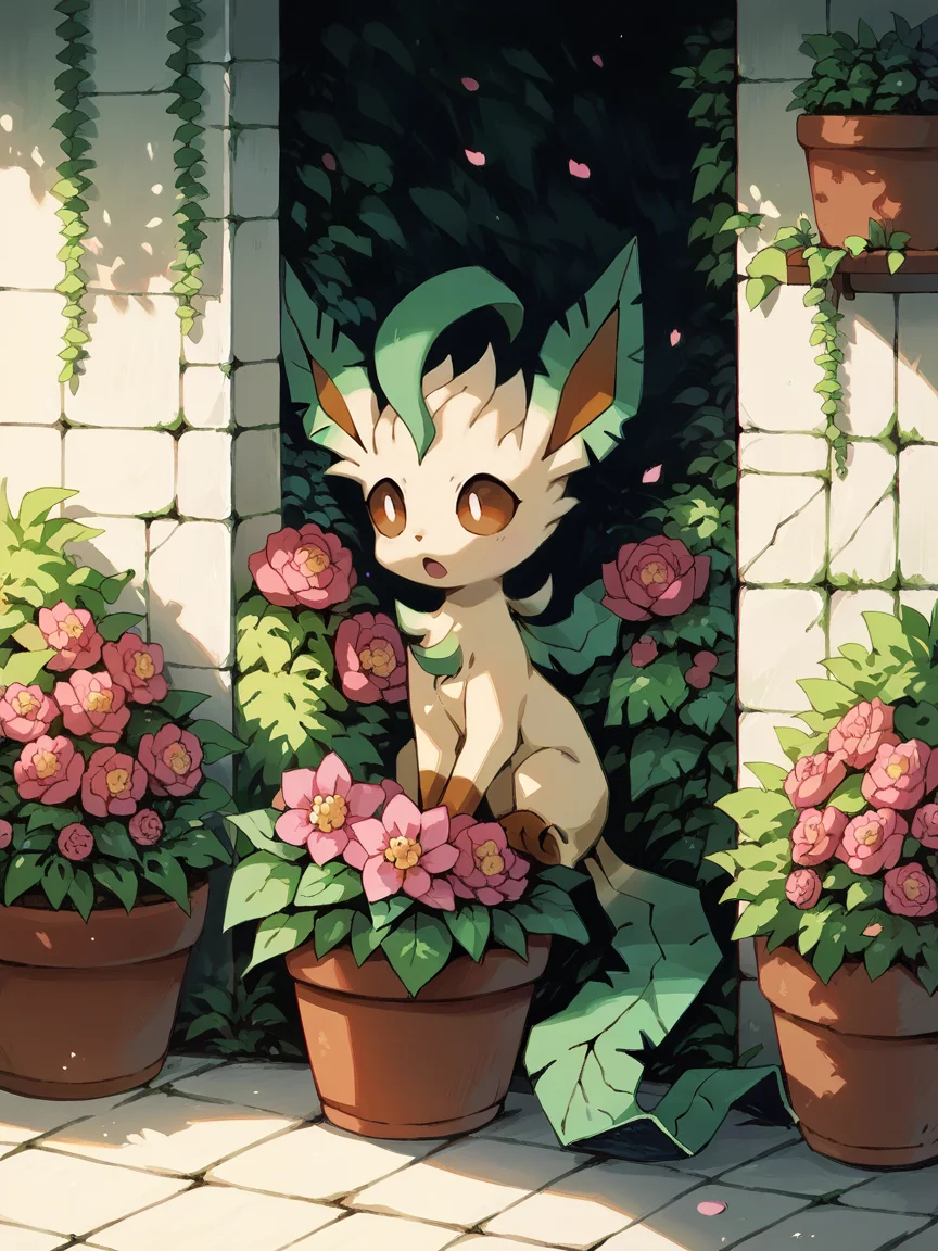 score_9, score_8_up, score_7_up, score_6_up, score_5_up, <lora:bkomadoriXLP:1> bkomadori, pokemon (creature), no humans, flower, open mouth, sitting, plant, potted plant, red eyes, flower pot, pink flower, holding, outdoors, petals, bright pupils, white pupils, leafeon, solo