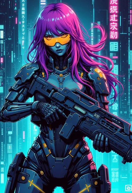 mad-cbrpnksplshrt full of details but with faded outlines, neon ultraviolet hair cyborg girl soldier in combat armor with one robotic arm and one robotic leg holding a pulse rifle, and in the background new york city disintegrating into the matrix behind, best quality, sharp image,