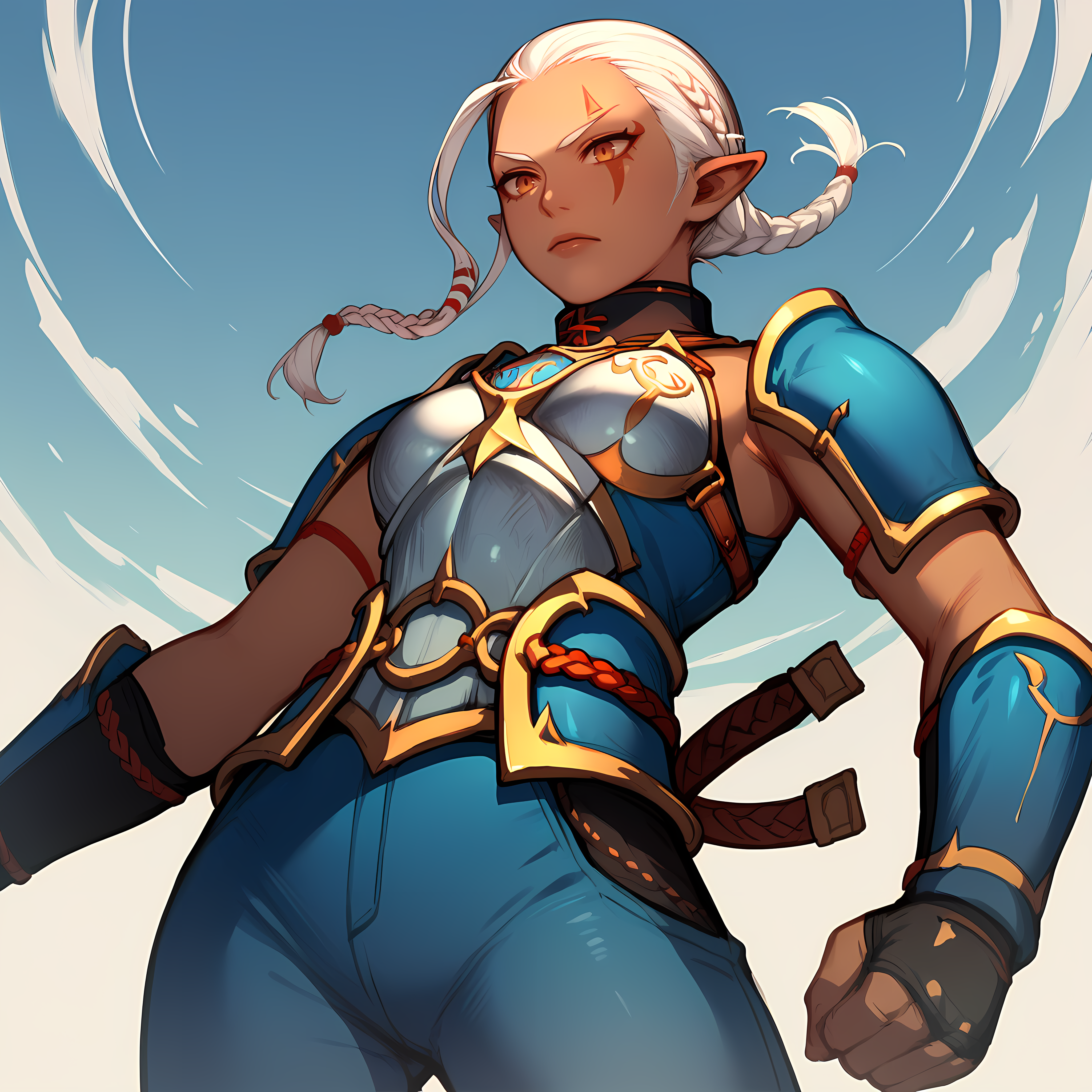 score_9,score_8_up,score_7_up,score_6_up,source_anime,rating_questionable,1girl, solo, <lora:Impa_-_LOZ:0.8> Impa_HW, pointy ears,white hair, braid, dark skin, blue outfit, armor, red facial mark, chest guard, low angle, action shot, zPDXL2,
