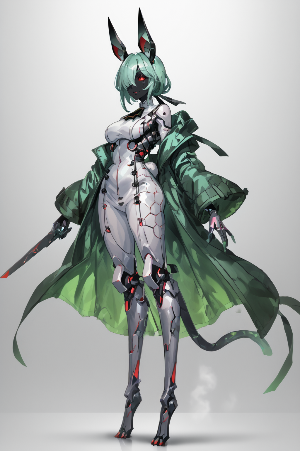 score_9, score_8_up, score_7_up, score_6_up, score_5_up, score_4_up, BREAK, source_anime, solo, 1girl, rating_safe, ((mature female)), ((long green flowing hair)), mechanical parts, (big backwards folded mechanical rabbit ears), mature female, (bunny ears), (animal ears), subdermal port, ((milf, mature female, big breasts)), hexagon lines in skin, naval uniform overcoat, naval uniform, white military uniform, dress_uniform, ribbons, ((red eyes)), bunny tail, rabbit tail, aiguillette, ((green hair)), ascot, ((Low angle (from the side) view medium Close shot)), latex pilot suit, shoulder cutout, bunny rabbit Tail, ((hair over one eye, )), digitigrade, clawed feet, minimal clothes, ((metal skin, shiny skin, vampire aesthetic, digital eyes, filled eyes, monochromatic eyes, glowing eyes, colored sclera, red sclera, mechanical eyes, partially shaded face, )), <lora:ECHANIS:1>, <lora:GyozaPonyV2:1>