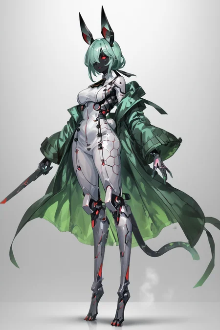 score_9, score_8_up, score_7_up, score_6_up, score_5_up, score_4_up, BREAK, source_anime, solo, 1girl, rating_safe, ((mature female)), ((long green flowing hair)), mechanical parts, (big backwards folded mechanical rabbit ears), mature female, (bunny ears), (animal ears), subdermal port, ((milf, mature female, big breasts)), hexagon lines in skin, naval uniform overcoat, naval uniform, white military uniform, dress_uniform, ribbons, ((red eyes)), bunny tail, rabbit tail, aiguillette, ((green hair)), ascot, ((Low angle (from the side) view medium Close shot)), latex pilot suit, shoulder cutout, bunny rabbit Tail, ((hair over one eye, )), digitigrade, clawed feet, minimal clothes, ((metal skin, shiny skin, vampire aesthetic, digital eyes, filled eyes, monochromatic eyes, glowing eyes, colored sclera, red sclera, mechanical eyes, partially shaded face, )), <lora:ECHANIS:1>, <lora:GyozaPonyV2:1>