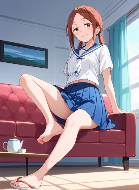 score_9,score_8_up,score_7_up,source_anime,anime,nsfw,rating_explicit,uncensored,High quality,Ultra detailed,best quality,insanely detailed,beautiful,masterpiece,perfect lighting BREAK
<lora:kuroiwa_yuki_V1:1>,(kuroiwa_yuki, brown hair, brown eyes, medium hair,low twintails, sidelocks,summer uniform,sailor collar, white shirt,short sleeves, blue skirt, pleated skirt, barefoot,sandals),1girl,solo,evil smile,posing,indoors,looking_at_viewer,from_below,couch,