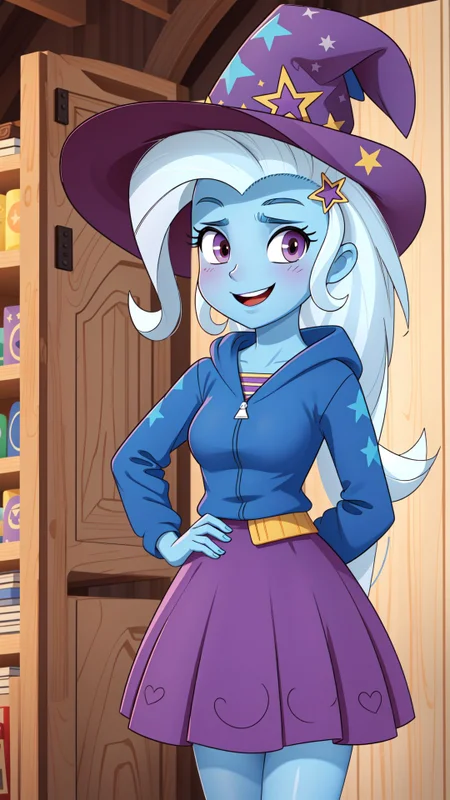 (masterpiece, best quality:1.2),<lora:mlp_trixie-10:1>,cowboy shot,solo,1girl,mlptrixie,colored skin,blue skin,smile,looking at viewer,arms behind back,star hair ornament,witch hat,blue hoodie,purple skirt,