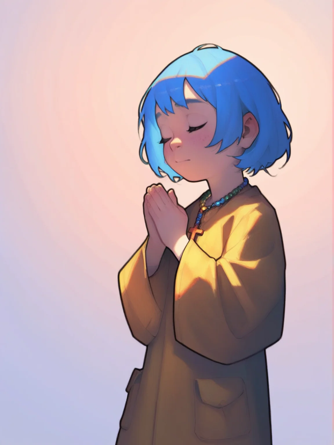 score_9, score_8_up, score_7_up, score_anime, uncensored, BREAK white background, <lora:Luce_PDXLv0-000007:0.8> 1girl, luce, cross necklace, yellow raincoat, blue hair, own hands together, light from the sky, praying