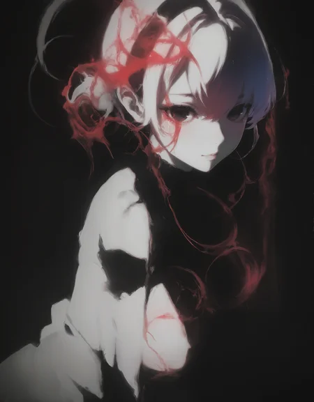 masterpiece, newest,absurdres, incredibly absurdres,  <lora:cryinggsilence:1>,crying_illu,Abstract portrait, distorted figure, red energy tendrils, black and white silhouette, ethereal glow, surreal art, digital illustration, dark atmosphere, intricate details, swirling patterns, contrasting colors, mysterious aura, ghostly appearance, fragmented composition, artistic expression, emotional intensity, dream-like quality, cosmic energy, psychological depth, avant-garde style