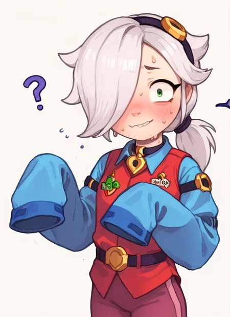 score_9, score_8_up, score_7_up <lora:bscolette:1>bscolette , 1 girl , white hair, , ponytail, collar , red vest , blue shirt , long sleeves, purple pants, hair over one eye, hairband, sleeves past fingers, <lora:PossumMachine:1>posmach ,confused, looking at viewer, nervous smile, ??? , blush, sweat, belt