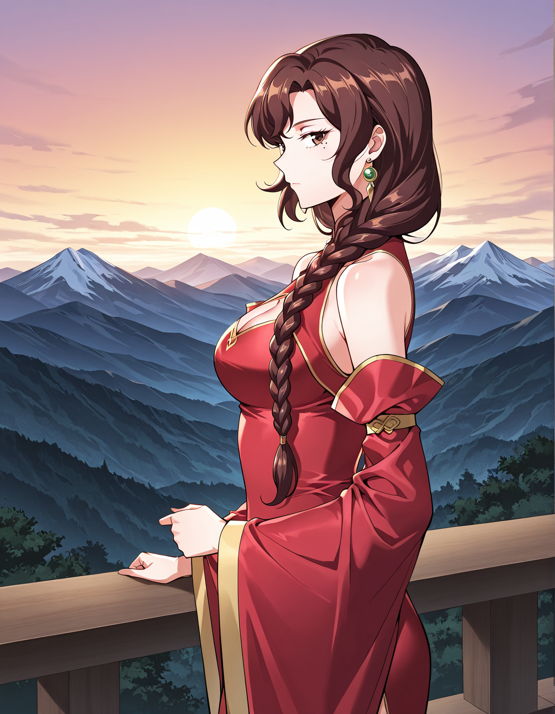 <lora:Zhao_Li:1>
1 girl, solo, brown eyes, brown hair, long hair, single braid, mole, hair over shoulder, mole under eye
red dress, chinese clothes, collarbone, detached sleeves, cleavage, cleavage cutout, clothing cutout, earrings, bare shoulders, wide sleeves
score_9, score_8_up, score_7_up, source anime, BREAK,  cowboy shot, (from side), looking back, looking at viewer, overlooking mountain, high altitude, scenery, exterior, background, (solo), perfect hands
