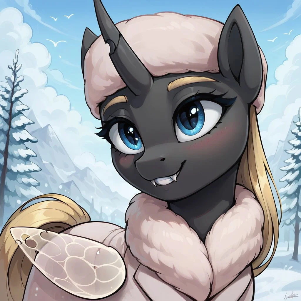 masterpiece, score_9, score_8_up, score_7_up, (best quality:1.1), ultra-detailed, high resolution, solo, Yaria, changeling queen oc, mlp, feral, black skin, long blonde mane, blonde eyebrows, ((beautiful detailed blue eyes)), long eyelashes, single horn, ears, Insect wings, white winter coat, fur hat, detailed clothing, fang, highly detailed macro illustration, smiling, blushing, outside, Highly Visible, (((8k))), sharp focus, perfect lighting, anatomically correct, extremely detailed, shine on body, (Snowy wastelands), high detail, cute face, Expressiveh, detailed background, OverallDetail, zPDXL2