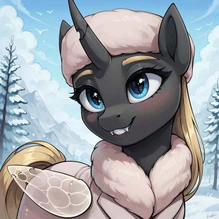 masterpiece, score_9, score_8_up, score_7_up, (best quality:1.1), ultra-detailed, high resolution, solo, Yaria, changeling queen oc, mlp, feral, black skin, long blonde mane, blonde eyebrows, ((beautiful detailed blue eyes)), long eyelashes, single horn, ears, Insect wings, white winter coat, fur hat, detailed clothing, fang, highly detailed macro illustration, smiling, blushing, outside, Highly Visible, (((8k))), sharp focus, perfect lighting, anatomically correct, extremely detailed, shine on body, (Snowy wastelands), high detail, cute face, Expressiveh, detailed background, OverallDetail, zPDXL2