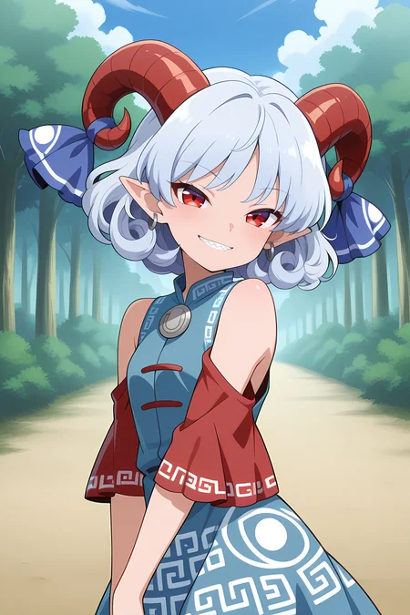 absurdres, highres, masterpiece, best quality, amazing quality, official anime artwork, screencap, anime screencap, outdoors, looking at viewer, light smile, 
 <lora:Yuuma-Toutetsu_Illustrious:1> toutetsu yuuma, 1girl, solo, red eyes, white hair, short hair, curly hair, red horns, curled horns, sharp teeth,, horn ribbon, blue ribbon, blue dress, bare shoulders, red sleeves, meandros print,