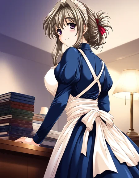 score_9, score_8_up, score_7_up, source_anime, rating_explicit, BREAK <lora:Tomosato_Shiori_Ver2.0_XL:1> TomosatoShiori, brown hair, large breasts, purple eyes, hair intakes, hair ribbon, red ribbon, folded ponytail, solo,
1girl, solo, maid, book, apron, maid headdress, smile, looking back, long sleeves, ribbon, indoors, lamp, breasts, blush, looking at viewer
smile,
looking at viewer,
cowboy_Shot,