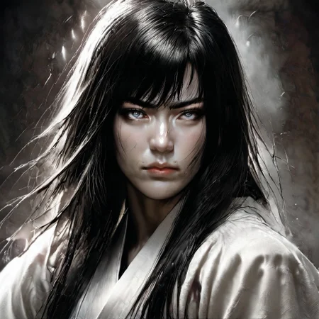score_9, score_8_up, score_7_up,, masterpiece, excellent quality, long hair, black hair, grey eyes, gray eyes, high cheekbones, very wide face, flat nose, grim expression, muscular female, white kimono, expressionless, epiCPhoto, pale eyes, asian face, japanese woman, japanese face