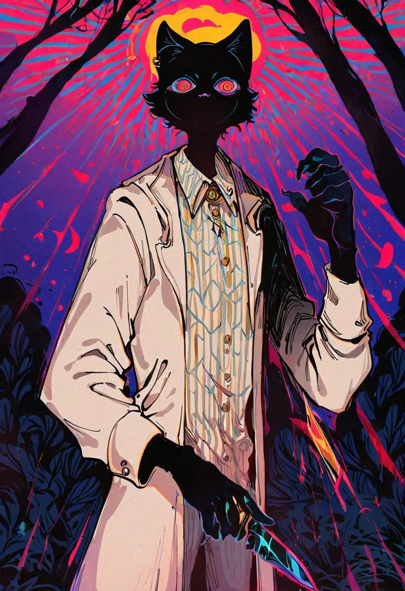 score_9, score_8_up, score_7_up, score_6_up, rating_questionable, , source_anime,
anthro, cat with white fur,
white skin, white suit,
Mafia Outfits, holding up a knife in front of an Eyed Shadow, dark background, psychedelic occult signs and runes,
skinny, radiating power,
from below, dutch angle, exaggerated,
heart shape background,
f3nn3r