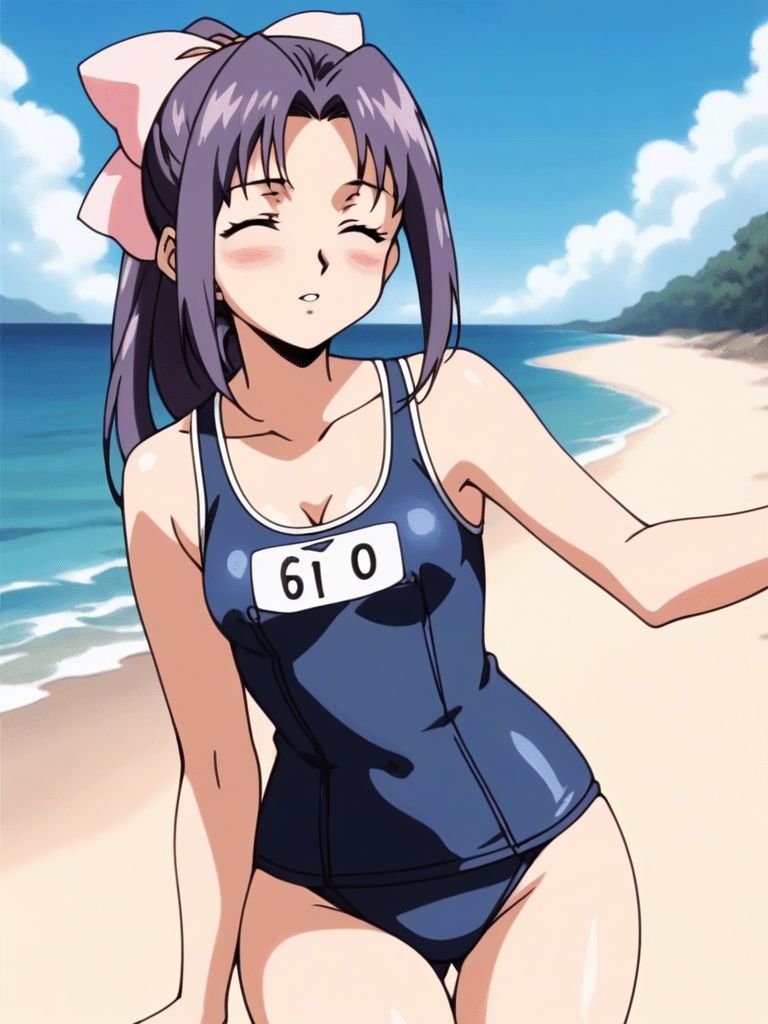 score_9, score_8_up, score_7_up, score_6_up, score_5_up, score_4_up, source_anime, rating_explicit, BREAK 
<lora:koigakubo_momoko_XL:0.8> koigakubomomoko, 1girl, soro, purple hair, long hair, hair bow, close eyes, ponytail, pink bow,  outdoor, sky, summer, sunshine, 0parted lips,
blush,   school swimsuit, summer, beach, sea, cowboy shot,  small breasts, cleavage,
2000s \(style\), anime, anime_screencap, animated gif, mp4 ,video, animated,