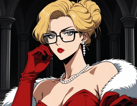 retroanimestyle, 1girl, solo, (black glasses:1.15), side slit, blonde hair, single hair bun, red gloves, earrings, elbow gloves, bare shoulders, looking at viewer, black-framed eyewear, pearl necklace, lipstick, strapless, red strapless dress, makeup, (white fluffy boa:1.15),
serious, looking at viewer, mansion, posh, looking over eyewear, two_shot