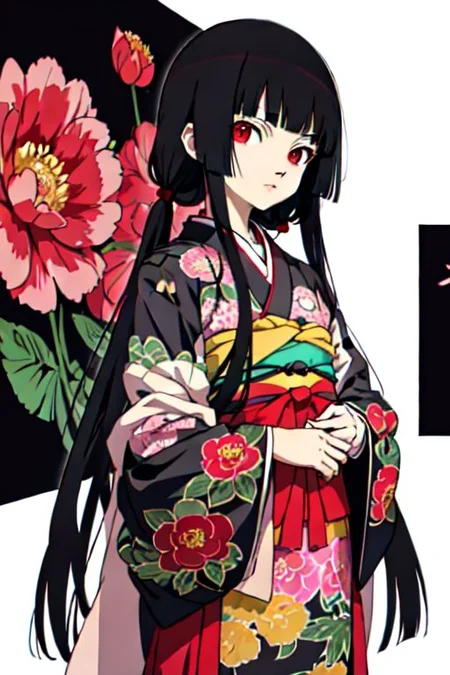 enma ai, hair down, hair black, bangs, eyes red, masterpiece, best quality, ultra-detailed, illustration, 1girl, solo, highres, photorealistic, ultra high res, (Original illustration composition), (fusion of limited color,Maximalism artstyle, kimono obi fashion, double exposure, background, illustration, Amazing, lily spider, night darkness, open one's mouth, middle finger show, bouquet flowers red, low twintails, (polychromatic peony:1.15), Movie poster,