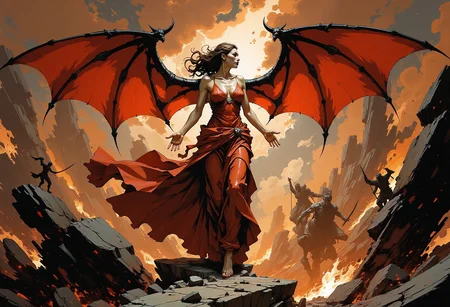 A red lady descending into hell in triumph. The demons are already there.