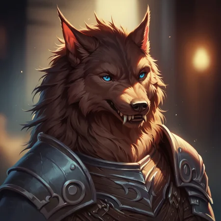 (((detailed, beautiful, high quality))), score_9, score_8_up, score_7_up, upper body,
werewolf, furry wolf, fangs, tail,
1 male, brown fur, blue eyes, armor,
blurred background, fantasy background, rustic background, dark background,