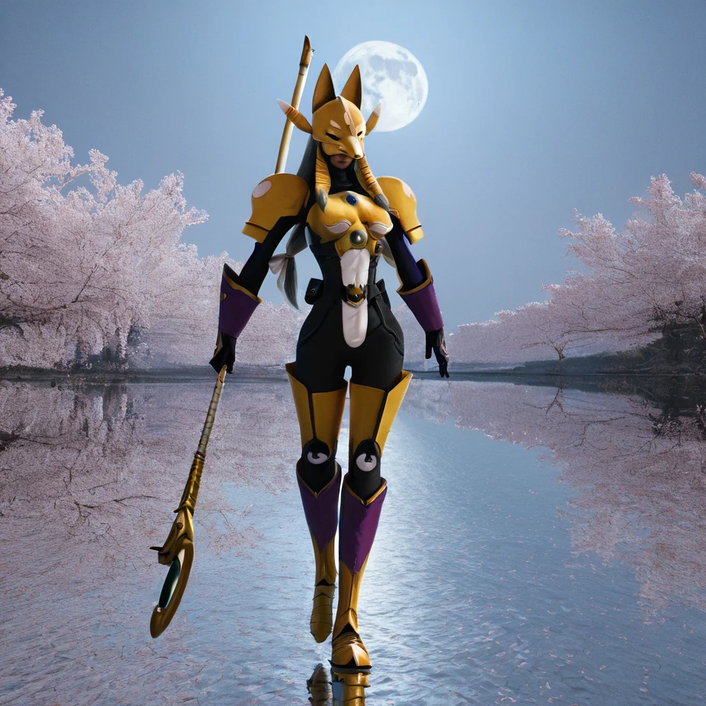 sfw, masterpiece, best quality,absurderes,photo,realistic,cinematic,source_photo,DLSR,full body,1girl,solo,sakuyamon, mask,holding staff,cherry blossoms,full moon,lake,moonlight, <lora:Reallustrious_Beta:1>