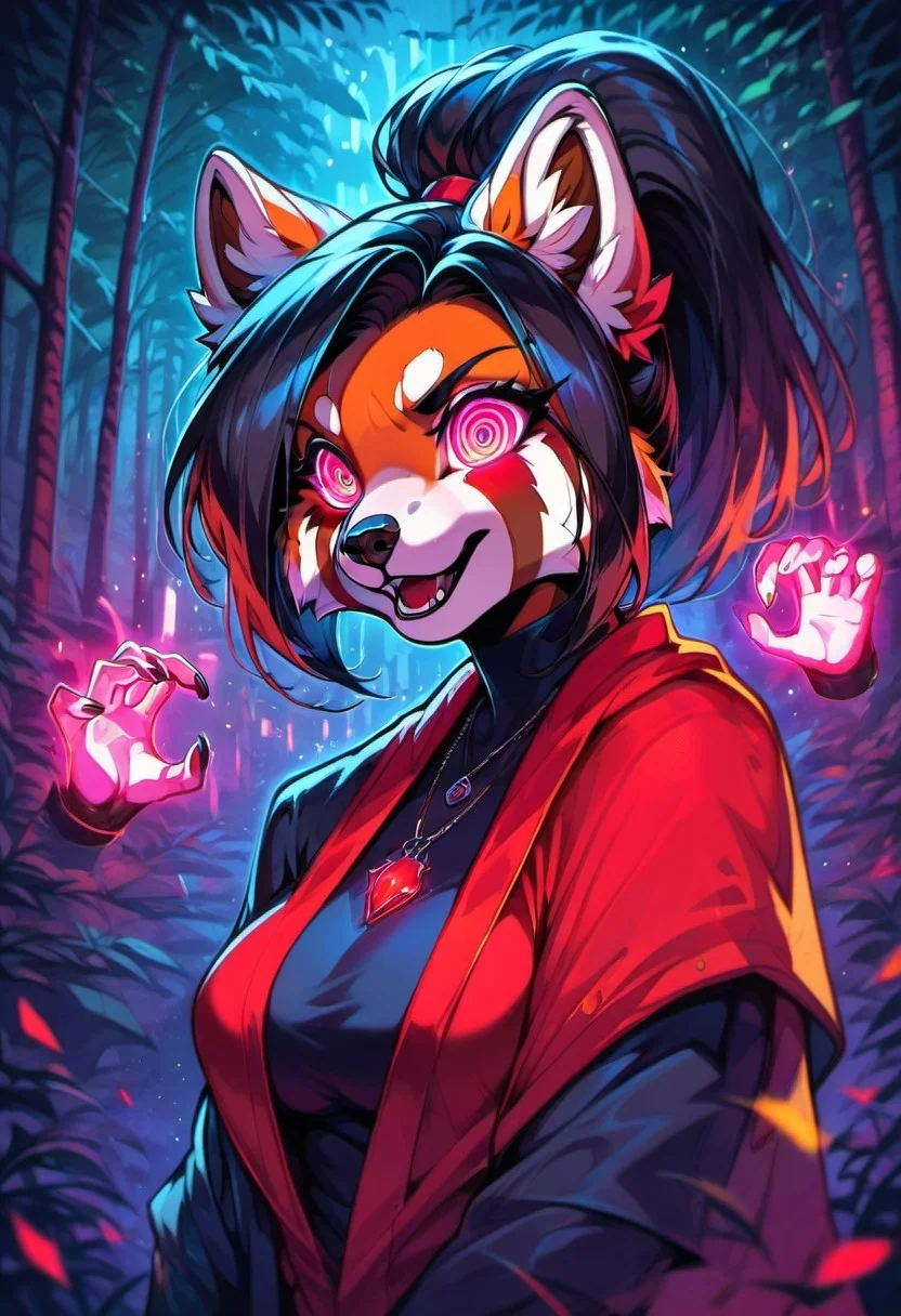 score_9, score_8_up, score_7_up, source_anime, cute furry girl, lexia, anthro red panda, black ponytail, fantasy, CyberPsycho, crazy, mad, madness, dark forest, local fog, red-glowing-art, violet-glowing-background, blue-glowing-eyes, magic, mystery atmosphere, detailed fur, many fur, 8K, RAW, best quality, masterpiece, ultra high res, colorful, (medium wide shot), (dynamic perspective), sharp focus, (depth of field, bokeh:1.3), extremely detailed eyes and face, beautiful detailed eyes,large breasts, ((masterpiece, best quality)), Detailed background