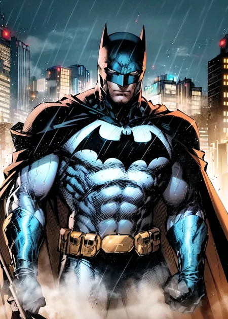 1boy, dark scene, cowboy shot of batman, athletic, white eyes, no pupils, night city, mist, particles, male focus, mask, muscular, muscular male, ragged and torn cape, night, outdoors, rain, serious, dark armosphere, detailed background, jim lee,
<lora:jim_lee_offset:1>