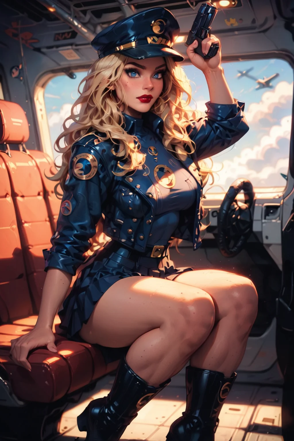 score_9, score_8_up, score_7_up, 8k, very detailed, high detailed texture, depth of field, golden hour, cinematic illumination, volumetric lighting, ,airplane interior, woman, pointing gun <lora:AIPansen_Lady_Blackhawk:0.8> AIPansen_Lady_Blackhawk, 1girl, hat, blonde hair, skirt, long hair, boots, blue eyes, symbol, uniform, lipstick, makeup, black footwear, jacket, breasts, handgun,, <lora:Realistic_2.5DAnime_Merge1:0.8> <lora:EnvyPonyPrettyEyes01:0.8> <lora:princess_xl_v2:0.8>