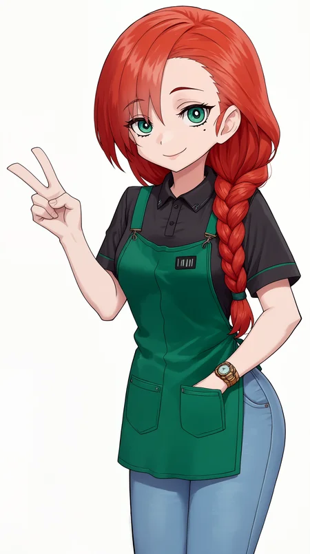 score_9, score_8_up, score_7_up,anime_source, source_anime, best background, detailed background, anime screencap,simple background, white background, zzzemoji, leaning forward, pose, aside, v-sign, yasuka, 1girl, solo, apron, red hair, braid, pants, shirt, long hair, green apron, jeans, green eyes, denim, black shirt, uniform, short sleeves, smile, looking at viewer, mole under eye, collared shirt, employee uniform, hair over shoulder, mole, single braid, wristwatch, closed mouth, blue pants, breasts <lora:Yasuka_PONY:0.8> <lora:ZZZ_Emoji_style_PONY:1>