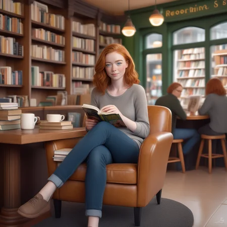 <lora:sophie-molgrin_xl:0.75> sophie-molgrin at a cozy bookstore café, dressed in a casual yet stylish outfit. Sheâs seated in a comfortable chair with a stack of books beside her, sipping a cup of coffee and reading. The café has a warm and inviting ambiance with shelves of books and soft lighting.