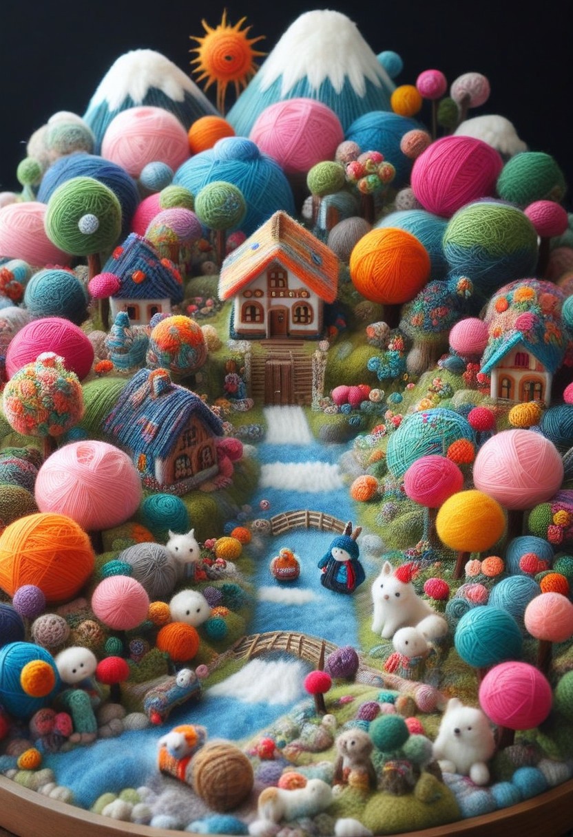 a cute detailed miniature yarn village, yrnwrld, ng_deepnegative_v1_75t, Inari shr1n3