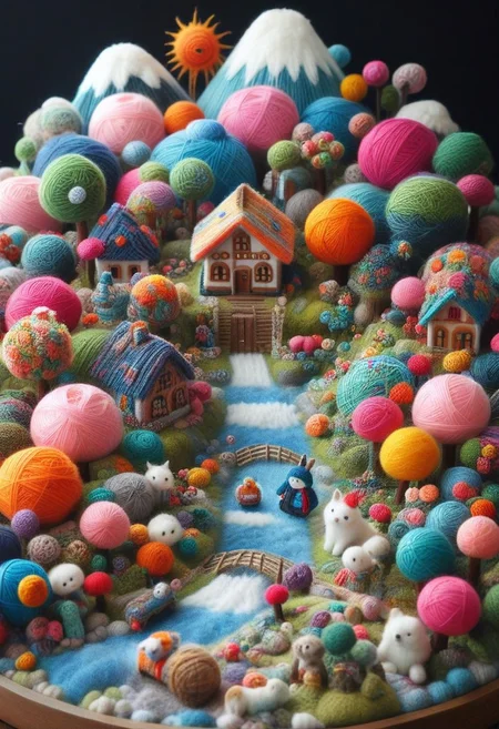 a cute detailed miniature yarn village, yrnwrld, ng_deepnegative_v1_75t, Inari shr1n3