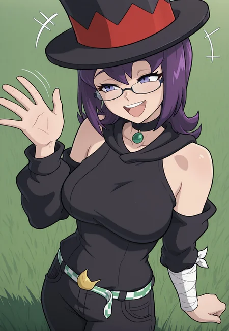 masterpiece, best quality, newest, absurdres, highres, Jade-Utopus, purple eyes, purple hair, medium hair, glasses, top hat, black clothes, bandage on one arm, black pants, belt, detached sleeves, black choker with green gem, solo, alone, outside, grass field, happy, open mouth, laughing, standing, waving hello,