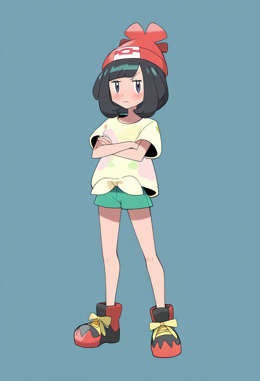 tongue, c0smi5, pokemon, pokemon_sm, selene_(pokemon), 1girl, black_hair, blush, closed_mouth, crossed_arms, frown, glaring, grey_eyes, hat, jitome, looking_at_viewer, medium_hair, red_hat, shirt, short_sleeves, solo, Selene_(Pokemon), TzigoCBS, yellow_shirt, original anime style, full body