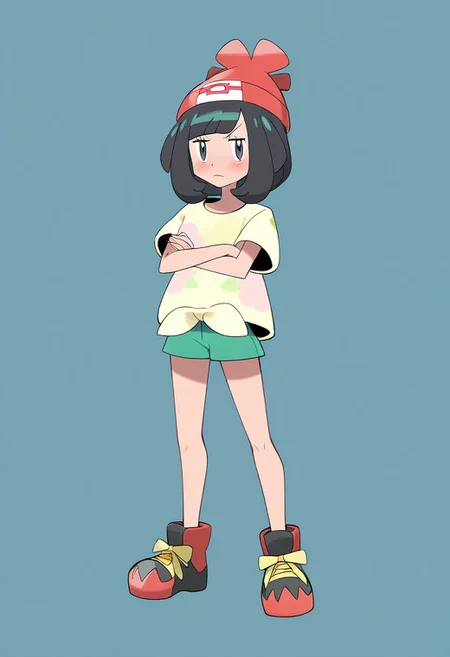 tongue, c0smi5, pokemon, pokemon_sm, selene_(pokemon), 1girl, black_hair, blush, closed_mouth, crossed_arms, frown, glaring, grey_eyes, hat, jitome, looking_at_viewer, medium_hair, red_hat, shirt, short_sleeves, solo, Selene_(Pokemon), TzigoCBS, yellow_shirt, original anime style, full body