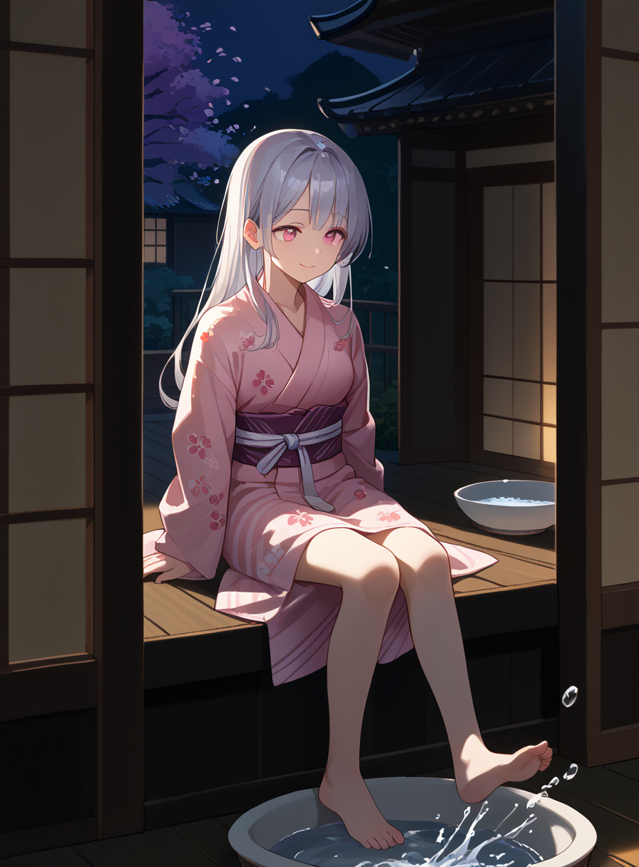 score_9, score_8_up, score_7_up, source_anime, BREAK
<lora:Splashing_With_Foot_Pony:1>
full body, straight-on,
1girl, solo,
sitting on veranda, soaking feet in large basin, leg up, splashing, barefoot, short yukata, floral print kimono, gradient kimono,
turning head, looking away, light smile, pink eyes, silver hair, long hair, arms at sides,
evening, outdoors,