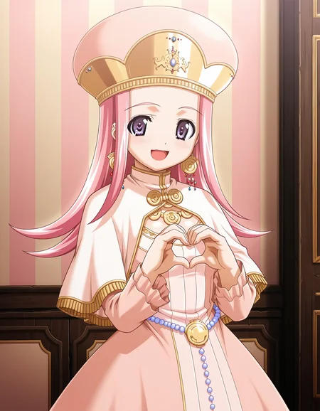 masterpiece, best quality, amazing quality, ultra high res, very aesthetic, incredibly absurdres, huge filesize, wallpaper, artbook, game cg, illustration,
1girl, solo, meteor(ryouki ii), pink hair, purple eyes, long hair,
pink dress, hat, earrings, long sleeves, capelet, BREAK
smile, open mouth, looking at viewer, standing, heart hands, in room, upper body, sharp focus, depth of field, highly detailed
<lora:Meteor(ryouki II) v1.0-000008:1>
