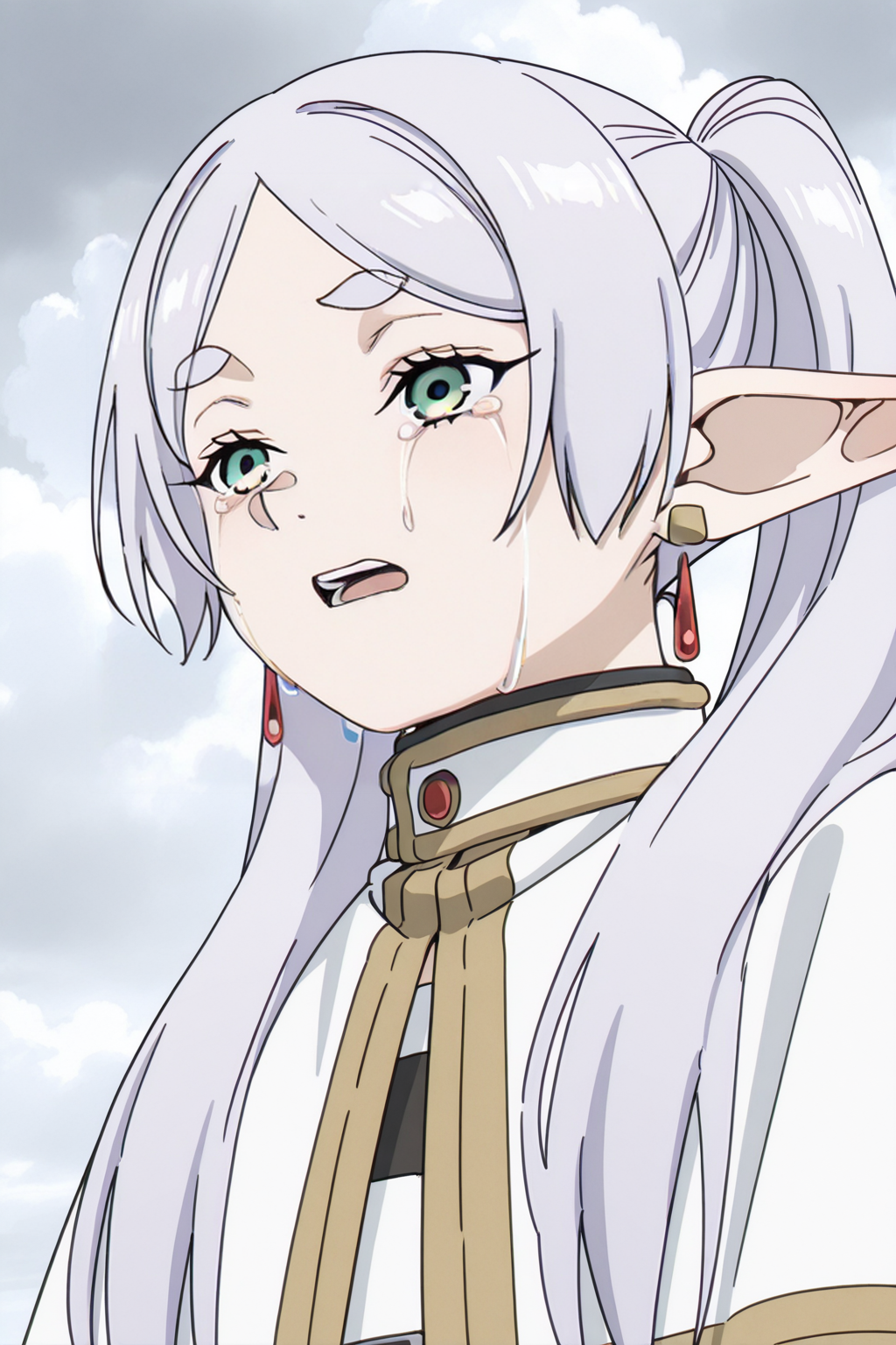 <lora:FrierenStyle:1>, FrierenStyle, 1girl, pointy ears, solo, jewelry, elf, earrings, crying, twintails, long hair, open mouth, white capelet, tears, sky, cloudy sky, capelet, crying with eyes open, green eyes, teeth, white hair, grey hair, parted bangs, dangle earrings, thick eyebrows