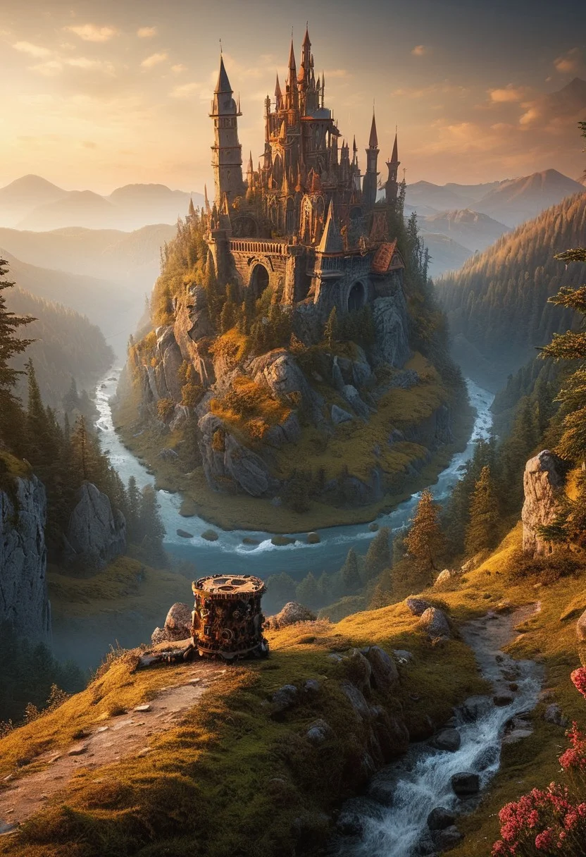 masterpiece, best quality, absurdres, gear-infused landscape