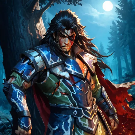 masterpiece, best quality, very awa, by rounin \(amuza\), <lora:xiahoudun-10:2>, 1boy, solo, cowboy shot, xiahoudun, black hair, long hair, brown eyes, eyepatch, facial hair. armor, cape, torn clothes, battle damaged, disheveled, exhausted, blood on face, bloody, bruised eye, forest, leaning against tree, night, dynamic angle, <lora:cfg_scale_boost:0.7>, <lora:add-detail-xl:1.4>, <lora:xl_more_art-full_v1:1>