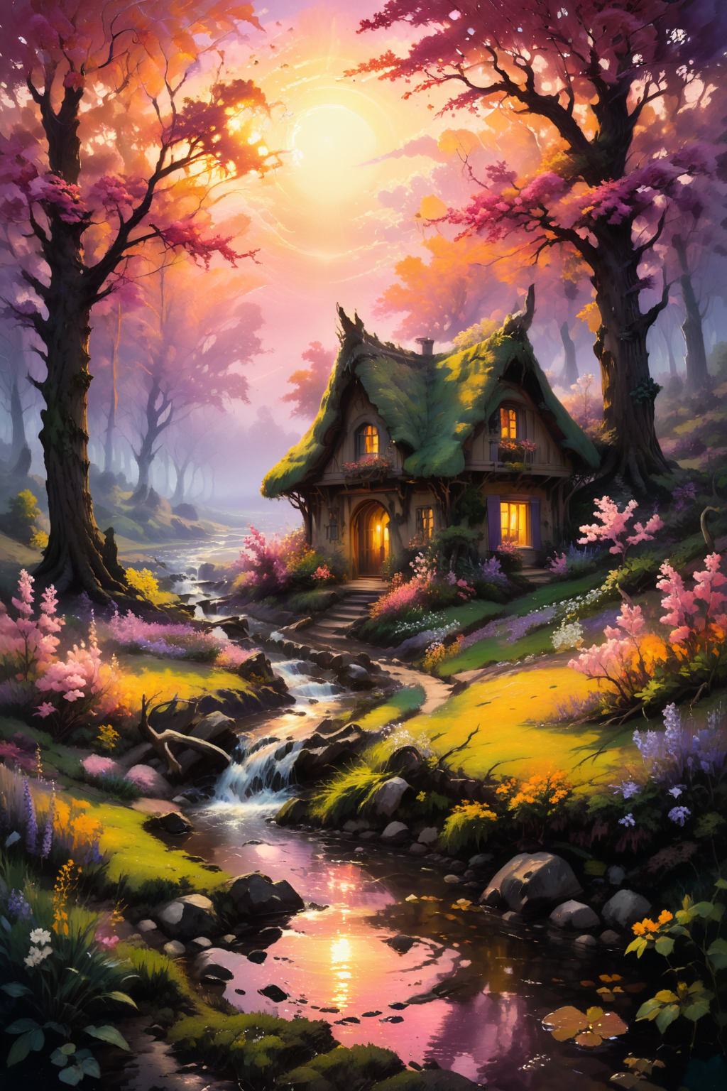 A breathtaking oil painting in the style of Claude Monet, capturing the serene beauty of nature. The scene features a charming cottage nestled among tall, majestic trees. A gentle stream meanders through the landscape, its crystal-clear waters reflecting the vibrant colors of the sunset. The sky is a masterpiece of colors, with hues of gold, pink, and purple blending together in a glorious display of twilight. Small animals, such as rabbits and deer, are scattered throughout the scene, adding life and charm. Flowers of various colors and species bloom abundantly, creating a vibrant and lush foreground. The golden light of the setting sun bathes the entire scene in a warm, ethereal glow, highlighting the intricate details and textures of the trees, stream, cottage, and flowers. This painting evokes a sense of peace, wonder, and the timeless beauty of the natural world.
<lora:zavy-mthcl-sdxl:0.8> zavy-mthcl, 
<lora:add-detail-xl:1.0>,
<lora:EnvyBetterHiresFixXL01:1.0>,
<lora:extremely_detailed:1.5>, extremely detailed, 
<lora:xl_more_art-full_v1:1.0>,  
<lora:gorgoeus_splash_of_vibrant_paint:0.8> Gorgeous splash of vibrant paint