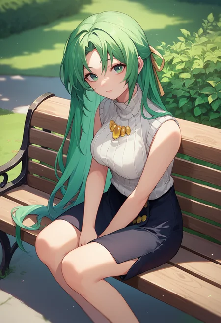 score_9, score_8_up, score_7_up, 1girl, solo, ShionSW, green hair, long hair, green eyes, hair ribbon, white turtleneck sweater, black pencil skirt, brooch, sleeveless, outdoors, sitting, bench, looking at viewer, <lora:Shion lorer 4-000007:1>