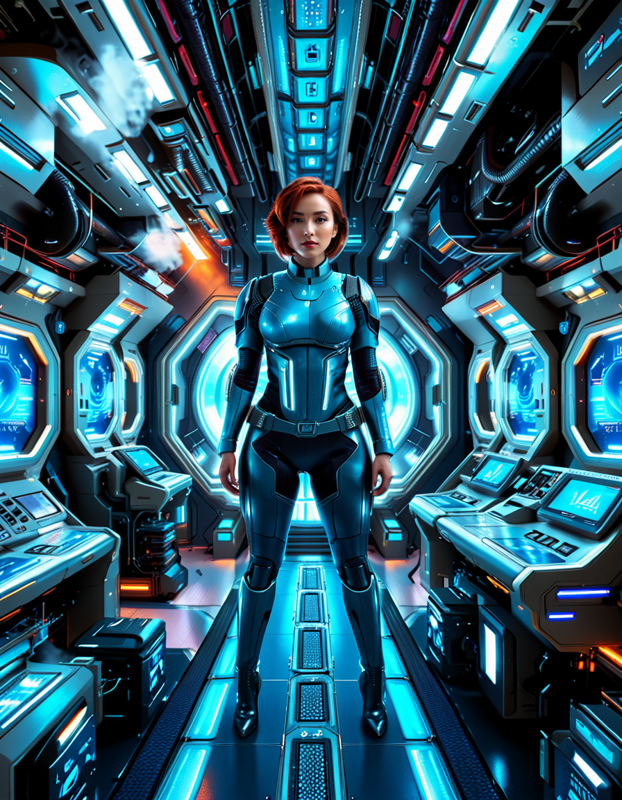 <lora:3ng1n3_r00m:1>,A highly detailed and cinematic depiction of a confident woman standing in the 3ng1n3 r00m of a futuristic spaceship. She is wearing a sleek and advanced space uniform, with a metallic sheen and intricate details like glowing blue energy lines running along the seams of her suit. Her uniform is form-fitting, with visible patches indicating her rank and position, and a high-tech helmet tucked under her arm. She has short, neatly cut hair, a determined expression, and a calm yet commanding presence.
The engine room around her is illuminated by a mix of bright white and soft blue lights, reflecting off the polished metallic surfaces of the machinery. Massive, glowing energy cores pulse with light in the background, emitting a soft hum. Pipes, cables, and control panels surround her, each detailed with futuristic textures and glowing interfaces. The room feels alive with motion, as small holographic displays and robotic arms work automatically. The overall mood is futuristic, highly technological, and awe-inspiring, with sharp contrasts between the cold metallic surfaces and the warm light from the energy cores.
The image is rendered in a hyper-realistic and cinematic art style, with an emphasis on intricate details, dramatic lighting, and rich textures.<lora:SDXLFaeTastic2400:0.4> <lora:extremely_detailed:0.4> extremely detailed,, Masterpiece,best quality,hi res,8k,hi res,8k,award winning,(sharp focus, intricate, highly detailed),