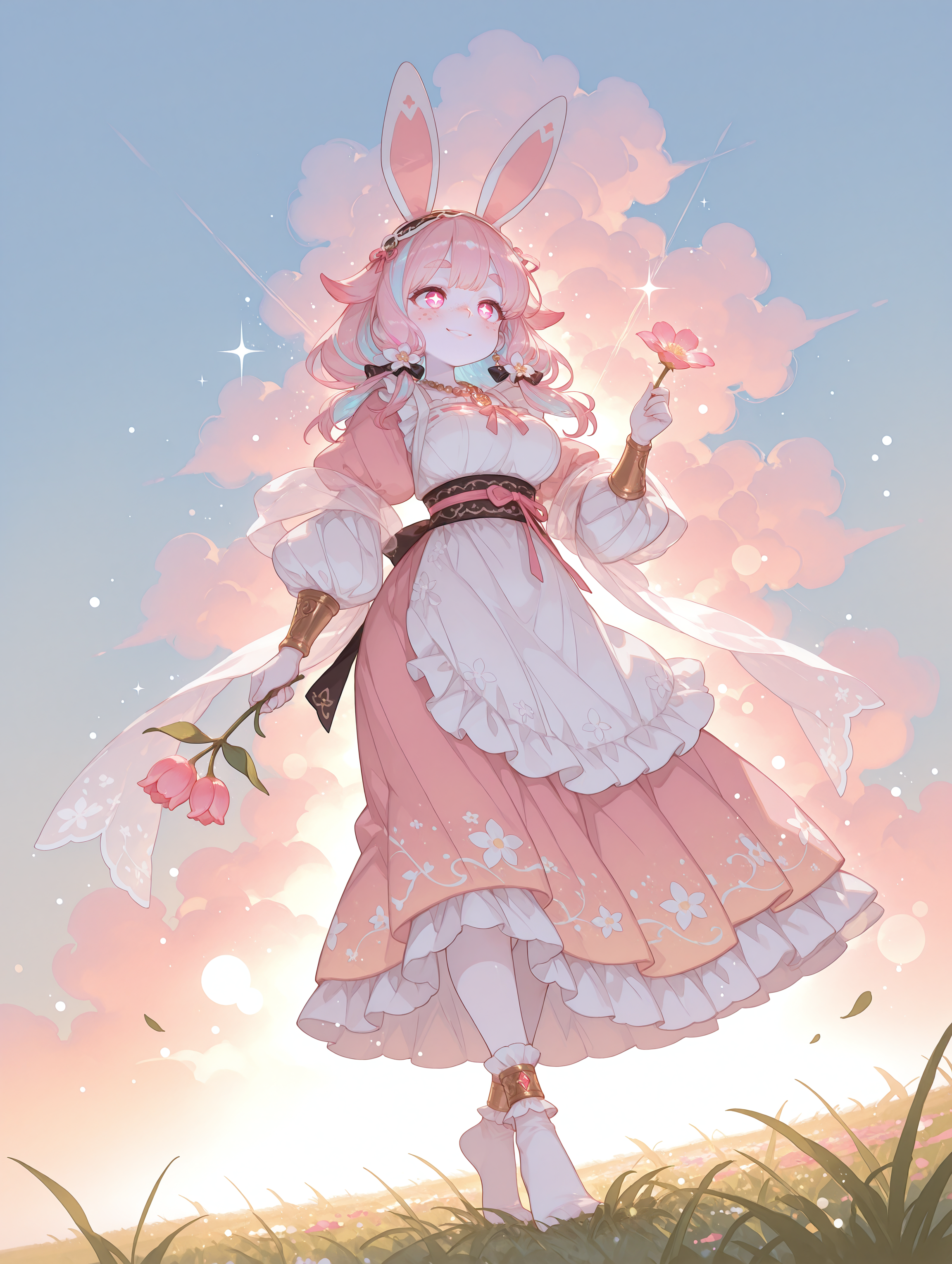masterpiece,best quality,amazing quality,very aesthetic, re4lity_sync_illu, Sinozick_illu, LeIsT0_illu, 1girl, (solo:1.4), CartoonyIllustrious, crestyle, Bpstyle, mersugar, bingwei_huang_style, film grain, bokeh, haiz_ai, no lineart,no outline, Bright_illu,sparkle,too many light particles, 1r1d3sc3nc3, 
golden hour, sun rays, dramatic lighting, soft lighting, warm colors, happy atmosphere, studio ghibli style, pastel colors, light particles, pink light, pink fog, 
glowing, multicolored hair, iridescent  hair, streaked hair, long hair  hair_flaps, monster pupils, pink eyes, smiling, mature woman,  thick eyebrows, (pink hair:1.1),  light blue hair, tall,   feet, socks, large breasts, bunny ears, stomach ribbon, hair ribbon, (pale skin:1.4), standing, full body, dancing, freckles, holding flower, dutch angle, from below, anklets, bracers, necklace, 
sheer clothes, iridescent, floral patterns, Shawl,
(colorful maid outfit, long skirt, sash, puffy sleeves, hairband, apron, frills:1.2), 
baggy clothes, oversized clothes, 
long grass, large clouds, grass, blue sky, white clouds, field, meadow, colorful flowers, flower field, flowers, tulip field, grass, cherry blossom, wind, 
<lora:DetailedPerfect_hands_r1:1> <lora:NOOB_vp1_detailer_by_volnovik_v1:2> <lora:add-detail-xl:2> <lora:haiz_ai_illu:1> <lora:style4:0.4> <lora:Granblue Fantasy XLV2:0.6> <lora:bingwei_huang_style:0.3> <lora:Cartoony_Illustrious_Style:0.2> <lora:Beatrix_Potter_Style_illustrious:0.2> <lora:å½é£æç»SDXL:0.2>  <lora:TrendCraft_The_Peoples_Style_Detailer-v2.0A-3_13_2025-PonyXL:0.3> <lora:illustrious_very_aesthetic_v1:0.4> <lora:Bright_style:0.4>  <lora:1r1d3sc3nc3XLP:0.4>