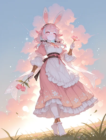 masterpiece,best quality,amazing quality,very aesthetic, re4lity_sync_illu, Sinozick_illu, LeIsT0_illu, 1girl, (solo:1.4), CartoonyIllustrious, crestyle, Bpstyle, mersugar, bingwei_huang_style, film grain, bokeh, haiz_ai, no lineart,no outline, Bright_illu,sparkle,too many light particles, 1r1d3sc3nc3,
golden hour, sun rays, dramatic lighting, soft lighting, warm colors, happy atmosphere, studio ghibli style, pastel colors, light particles, pink light, pink fog,
glowing, multicolored hair, iridescent hair, streaked hair, long hair hair_flaps, monster pupils, pink eyes, smiling, mature woman, thick eyebrows, (pink hair:1.1), light blue hair, tall, feet, socks, large breasts, bunny ears, stomach ribbon, hair ribbon, (pale skin:1.4), standing, full body, dancing, freckles, holding flower, dutch angle, from below, anklets, bracers, necklace,
sheer clothes, iridescent, floral patterns, Shawl,
(colorful maid outfit, long skirt, sash, puffy sleeves, hairband, apron, frills:1.2),
baggy clothes, oversized clothes,
long grass, large clouds, grass, blue sky, white clouds, field, meadow, colorful flowers, flower field, flowers, tulip field, grass, cherry blossom, wind,
<lora:DetailedPerfect_hands_r1:1> <lora:NOOB_vp1_detailer_by_volnovik_v1:2> <lora:add-detail-xl:2> <lora:haiz_ai_illu:1> <lora:style4:0.4> <lora:Granblue Fantasy XLV2:0.6> <lora:bingwei_huang_style:0.3> <lora:Cartoony_Illustrious_Style:0.2> <lora:Beatrix_Potter_Style_illustrious:0.2> <lora:å½é£æç»SDXL:0.2> <lora:TrendCraft_The_Peoples_Style_Detailer-v2.0A-3_13_2025-PonyXL:0.3> <lora:illustrious_very_aesthetic_v1:0.4> <lora:Bright_style:0.4> <lora:1r1d3sc3nc3XLP:0.4>
